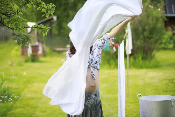 Pregnant Woman Hanging Wash Clothes Rope Drying — Stock Photo, Image