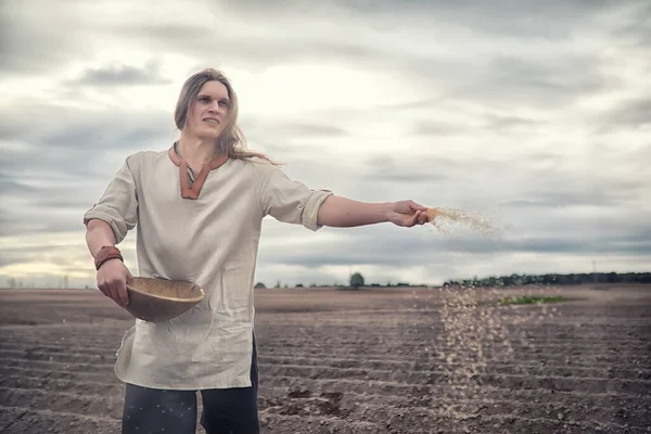 Young Peasant Scandinavian Appearance Sows Field Grai — Stock Photo, Image