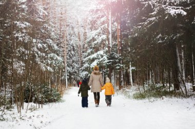 Mutlu bir aile kışın dışarıda karda oynar ve güler. Şehir parkı kış günü.