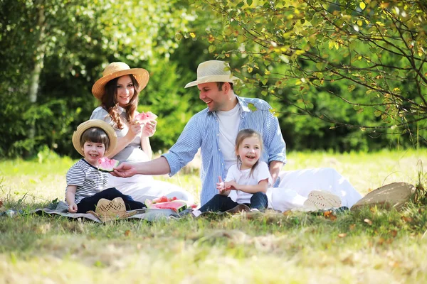 Famiglia Felice Con Bambini Che Fanno Picnic Nel Parco Genitori — Foto Stock