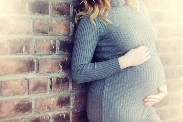 Terhes Fiatal Gyönyörű Lány Egy Otthoni Környezetben Pózol — Stock Fotó