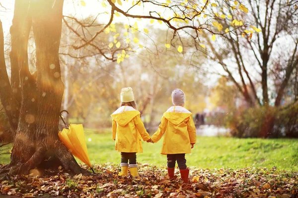 Les Enfants Marchent Dans Parc Automne Automne — Photo