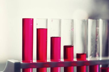 Laboratuvar masasında mavi sıvıyla test tüpü. Sıvının mikroskop altında incelenmesi.