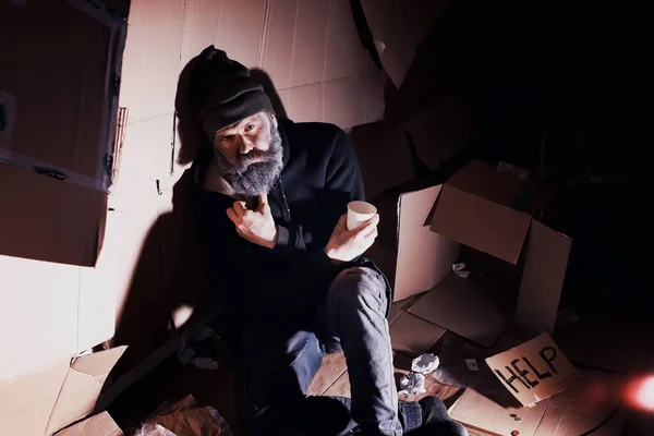 Homeless Bearded Man Sits Boxes Street Asks Help Need Homeless Stock Picture