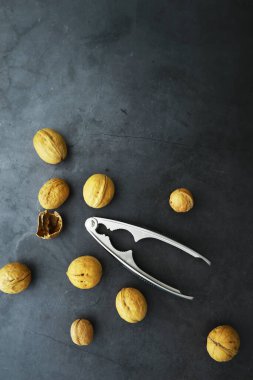 Gri arka planda kabuklu cevizler. Fındıkkıran ve fındık serpme.