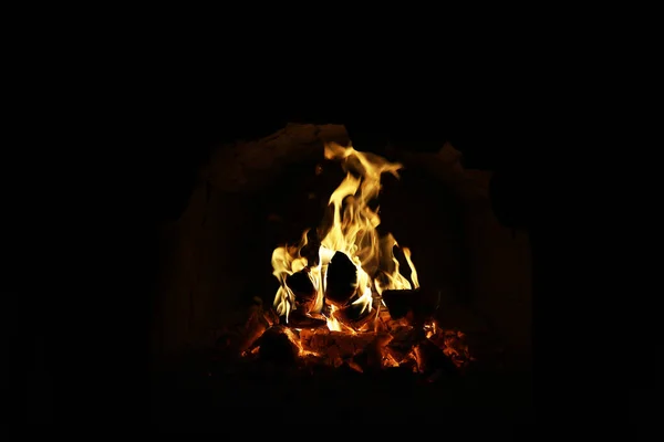 Fondo Llama Horno Lenguas Fuego Chimenea Ladrillo Textura Fuego — Foto de Stock