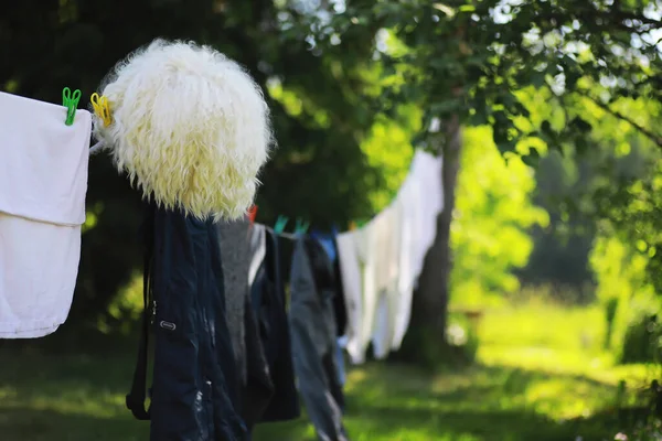Špendlíky Prádelní Šňůře Létě Suché Oblečení Venku Oblečení Laně — Stock fotografie