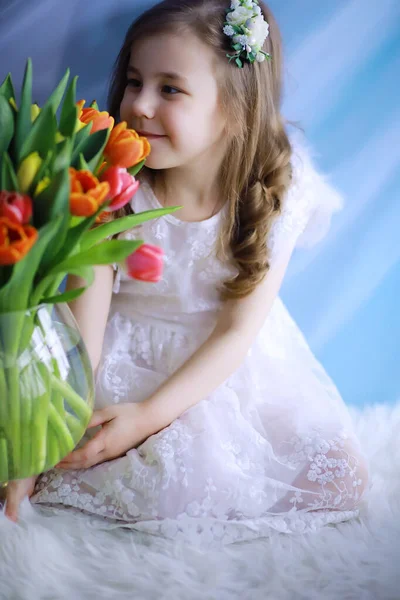 Beautiful Girl White Dresses Magnificent Bouquet First Tulips International Women — Stock Photo, Image