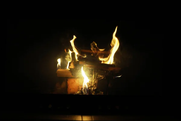 Les Flammes Bois Brûlé Dans Cheminée Une Maison Campagne Charbon — Photo