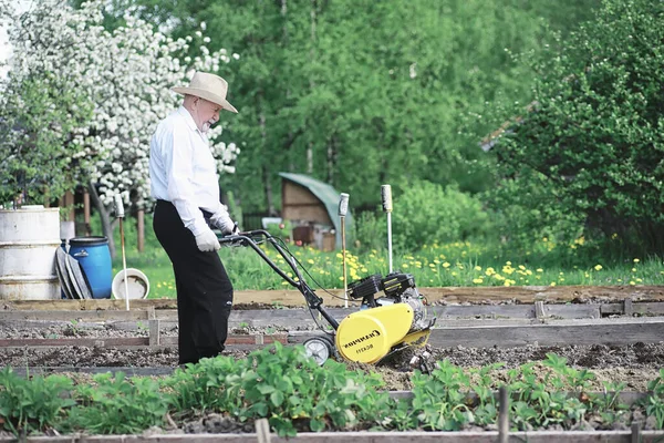 Petani Itu Sedang Menggali Kebun Taman Ini Dibajak Dengan Kemping — Stok Foto