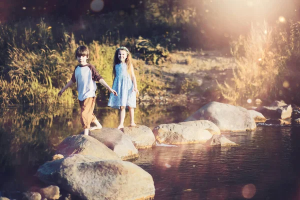 Çocuklar Yazın Doğada Yürürler Parkta Güneşli Bir Bahar Sabahı Çocuklarla — Stok fotoğraf