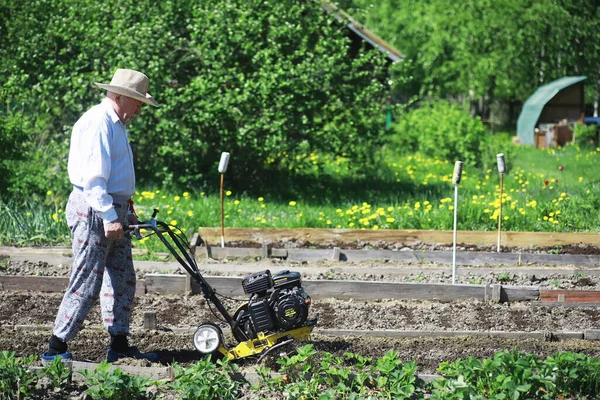 Çiftçi Bir Bahçe Kazıyor Elinde Hasatçı Olan Bir Adam Bahçeyi — Stok fotoğraf