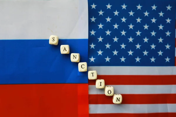 Предыстория Политическая Американский Российский Флаг Заднем Плане Санкции Сша Против — стоковое фото