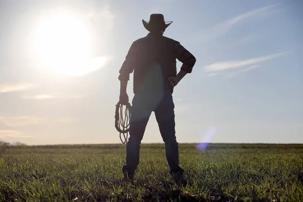 男カウボーイハットとフィールド内のロゴ ジーンズの帽子とロゴが入った畑のアメリカ人農家 帽子を被った男が野原を歩いている ストック画像