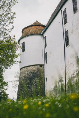 Slovenya 'daki Sevnica kalesindeki taretlerden birinin ayrıntıları bulutlu bir yaz gününde.