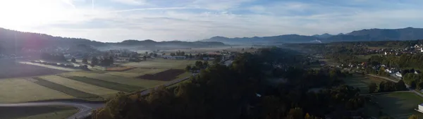 Panorama Drones Aéreos Matutinos Zona Trzic Eslovenia Niebla Mañana Visible —  Fotos de Stock
