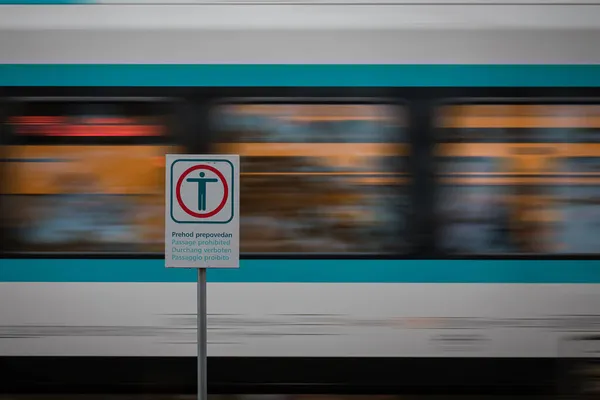 Warning Signs Prohibited Passage Railway Tracks Metal Board Train Crossing — Stock Photo, Image