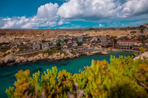 Panorama Van Pittoreske Baai Malta Genaamd Popeye Dorp Voormalige Filmset — Stockfoto