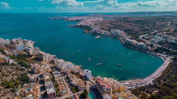 Luchtfoto Drone Panorama Van Saint Paul Baai Malta Een Zonnige — Stockfoto