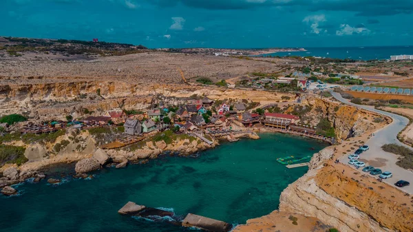Aerial Drone Panorama Picturesque Bay Malta Called Popeye Village Former — Stock Photo, Image