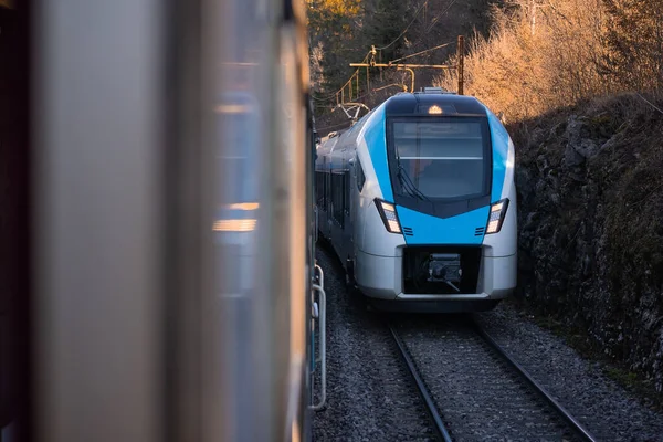 近代的な青と白の旅客列車が隣接する軌道上の別の列車に向かって来る 平行線で2本の列車が会う — ストック写真