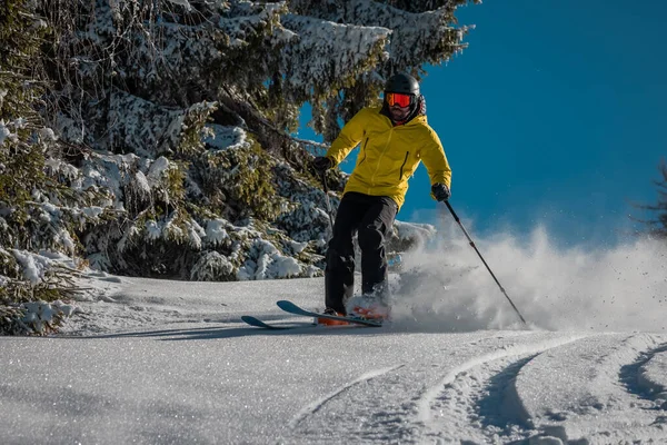 若い人は木々の間の晴れた日に新鮮な雪の粉面でスキーをしています 斜面を駆け降りるスキーヤーの正面の景色 — ストック写真