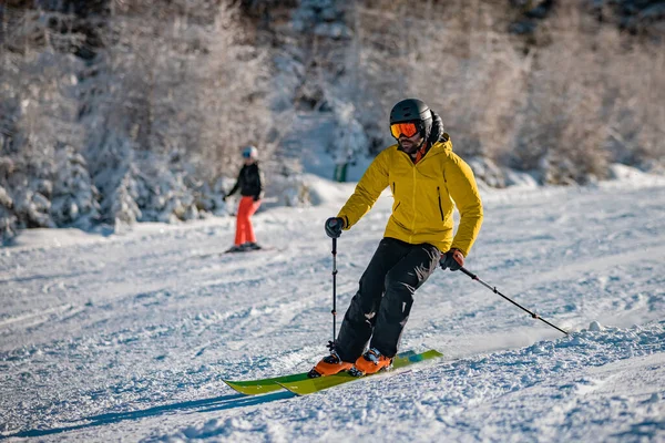 Young Person Fashionable Clothes Skiing Camera Ski Slope Sunny Day — Fotografia de Stock
