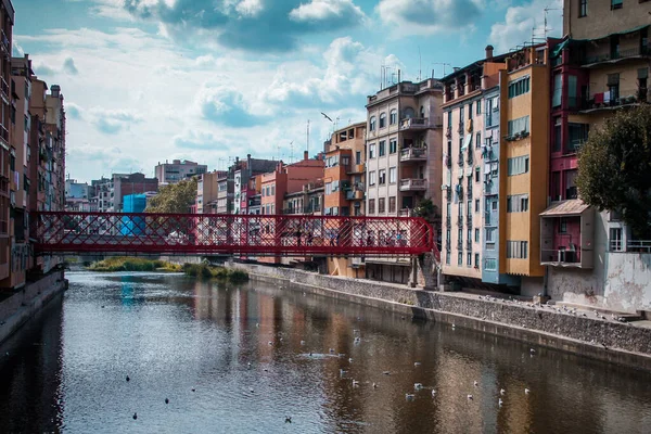 Nehirden Girona Panoraması Saint Mary Girona Katedrali Kırmızı Eyfel Köprüsü — Stok fotoğraf