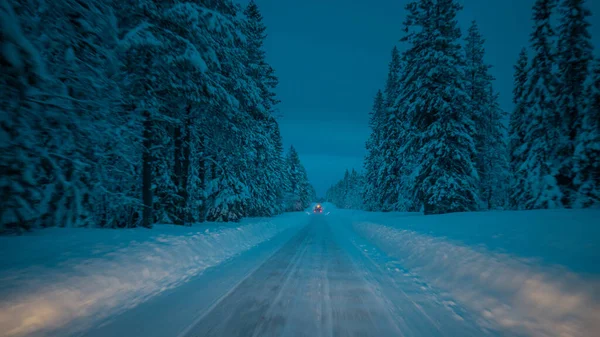 Sveç Ormanlarında Issız Düz Bir Yol Geceleri Dondurucu Soğukta Yolda — Stok fotoğraf