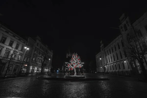 スウェーデンのオレブロにある市の広場では ライトアップされた木が真ん中に飾られています 市の広場にある美しいライトアップされた木 — ストック写真