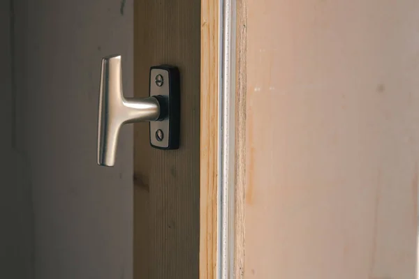 Typical Window Knob Mounted Wooden Window Frame Closed Position Metal — Stock Photo, Image