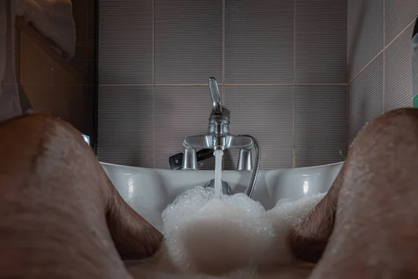 Hairy Legs Man Seen Resting Bathtub Foam Soapy Water Male — Stock Photo, Image