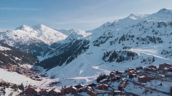 Letecké Panorama Vesnice Meribel Konci Údolí Francouzských Alpách Krásné Panorama — Stock fotografie