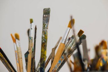 Tüylü ya da boya fırçası koleksiyonu. Beyaz arka planda alüminyum kutuda güvenli bir şekilde depolanmış boyayla kaplı sanatçı kılları veya fırça.