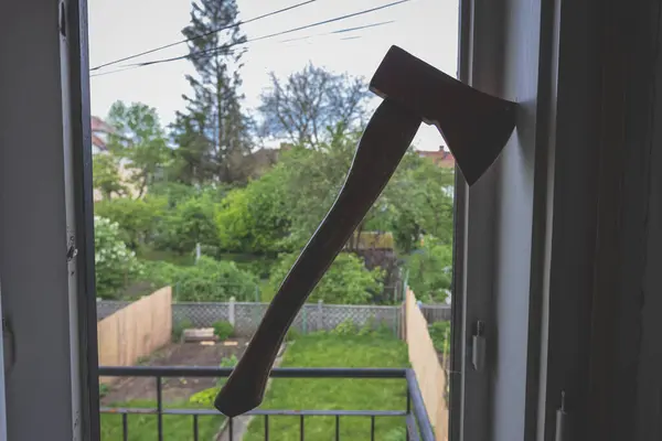 Old Window Pane Made Wood Being Torn Using Common Axe — Stock Photo, Image