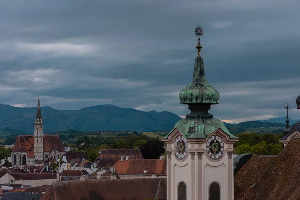 Sammlung Von Glockentürmen Und Dächern Der Oberösterreichischen Stadt Steyr Deren — Stockfoto