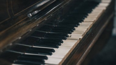 Old piano keys with visible markings or dents and scratches. Used piano or pianino keys.