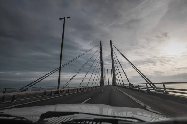 Pov Von Einem Auto Durch Skane Brücke Fahren Verbindung Zwischen — Stockfoto