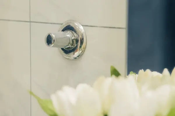 Banyoda Krom Kapaklı Vanası Var — Stok fotoğraf
