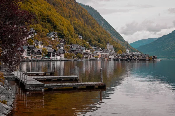 Panorama Hallstatt Med Utsikt Från Södra Delen Med Synlig Mosst — Stockfoto