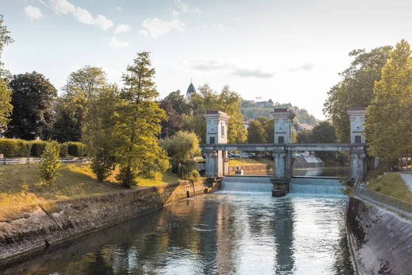 Plecnik Gates Ljubljanica River Semi Closed State Looking City Ljubljana — Stockfoto