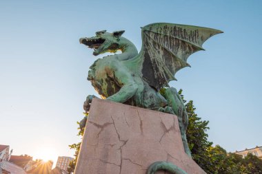 Famous dragon bridge or zmajski most, a landmark in ljublana, slovenia in early morning hours. Nobody around. Detail of dragon and piedestal.