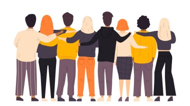 Arkadaşlardan sevgiler. Erkeklerin ve kızların arkadaşlığı. Birlik ve iyi ilişkiler. Aile, takım, işbirliği ya da ortaklık. Erkekler ve kadınlar düz bir stilde. Vektör illüstrasyonu