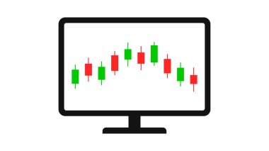 Takas yapalım. Bilgisayarda hisse senedi ticareti. Borsa şamdan şeması ya da satış grafiği. Yatırımlar için çevrimiçi analiz. Finansal analiz. Vektör illüstrasyonu