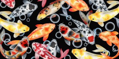 Koi balıkları gölette suluboya sanatı çizerler. Japon sazan balığı zen çizimleri