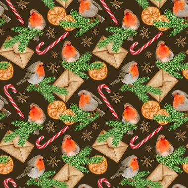 Köknar dalında Robin Bird ve Noel tatlıları. Kış suluboya kusursuz desen