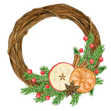 Kırsal Noel suluboya çelengi. Elle çizilmiş çiftlik evi kapı askısı çizimi.