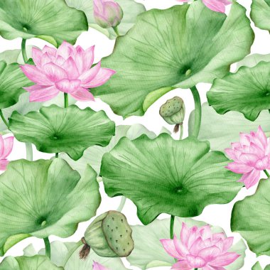 Geleneksel oryantal nilüfer çiçeği ve yaprak suluboya kusursuz desen
