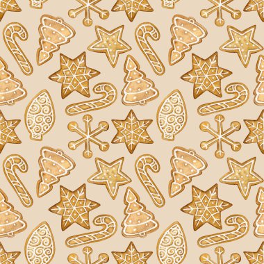 Noel zencefilli ekmek sulu boya deseni. Sıcak kış ambalajı, kumaş.