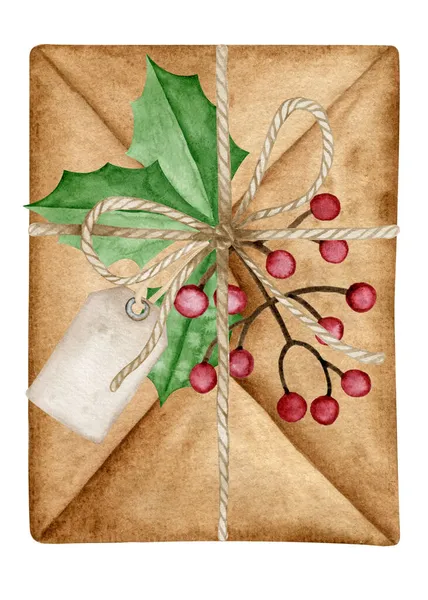 Craft Peppar Brev Med Julpynt Akvarell Noel Vintage Illustration — Stockfoto